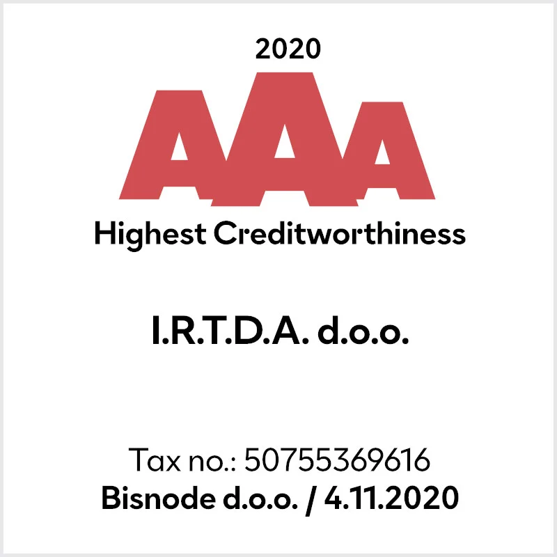 Bisnode 2020 AAA – Highest Creditworthiness, I.R.T.D.A. d.o.o.